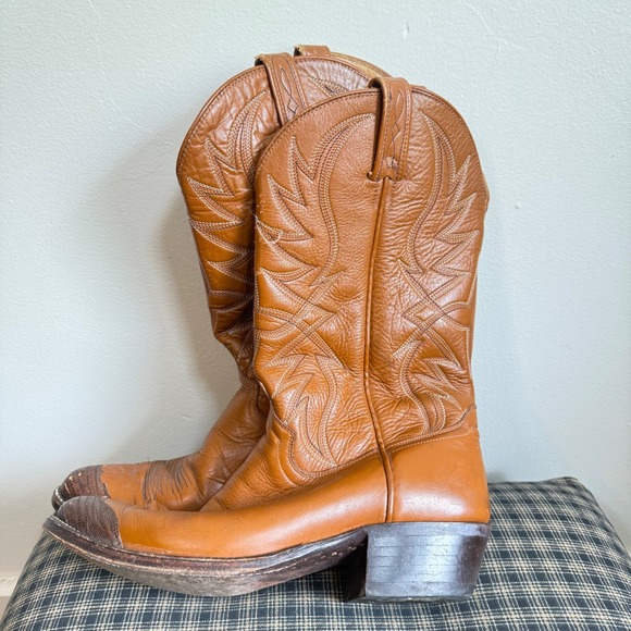 Dan Post Shoes - Dan Post Vintage Lizard Toe Stitch Cognac Leather Western Boots Size 9D Brown